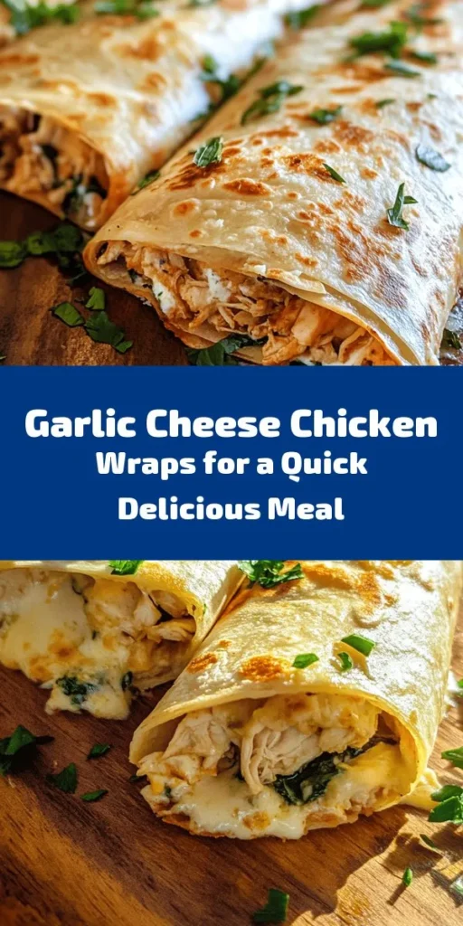 Satisfy your cravings with these delicious Cheesy Garlic Chicken Wraps! Packed with shredded chicken, creamy cheeses, and fresh spinach, this easy recipe is perfect for a quick meal. Just mix, fill, and cook until crispy for a savory treat that everyone will love. Perfect for lunch or dinner, these wraps are ready in just 30 minutes and serve four. Enjoy them with your favorite dipping sauce or a side salad for a complete meal!