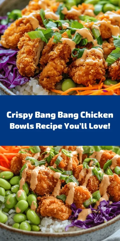 Dive into the deliciousness of Bang Bang Chicken Bowls! This vibrant meal features crispy, golden chicken coated in a blend of cornstarch, garlic, and panko, served over fluffy jasmine rice. Topped with fresh veggies like lettuce, carrots, and edamame, each bowl is drizzled with a rich Bang Bang sauce of mayo, sweet chili, and Sriracha for the perfect kick. Quick to prep and bursting with flavor, it’s a dinner that will satisfy everyone in the family!