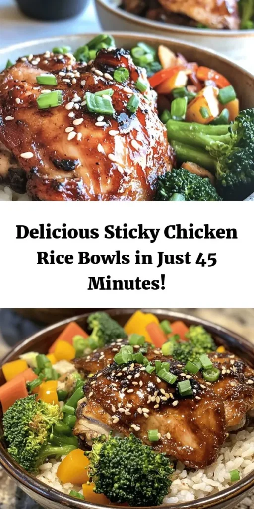 Indulge in these delicious Sticky Chicken Rice Bowls! This recipe combines tender, marinated chicken thighs with fluffy jasmine rice and vibrant veggies for a satisfying meal. With simple ingredients like soy sauce, honey, and garlic, it's easy to prepare and perfect for any day. Top with green onions and sesame seeds for added flavor and texture. Quick to make and packed with taste, these bowls are sure to become a family favorite! Enjoy in just 45 minutes!