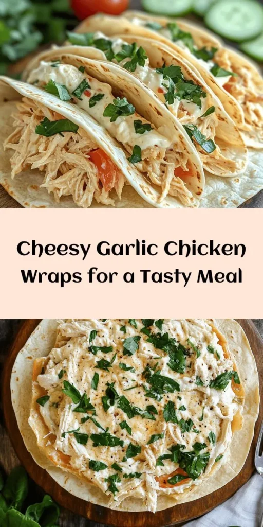 Enjoy a delicious twist on mealtime with these Cheesy Garlic Chicken Wraps! Packed with tender chicken, creamy cream cheese, and melty mozzarella, this easy recipe is perfect for lunch or dinner. Fresh garlic, parsley, and optional veggies add flavor and crunch. With a quick prep time of just 15 minutes and a total time of 30 minutes, these wraps are sure to be a hit with the whole family. Get ready to roll up some cheesy goodness!