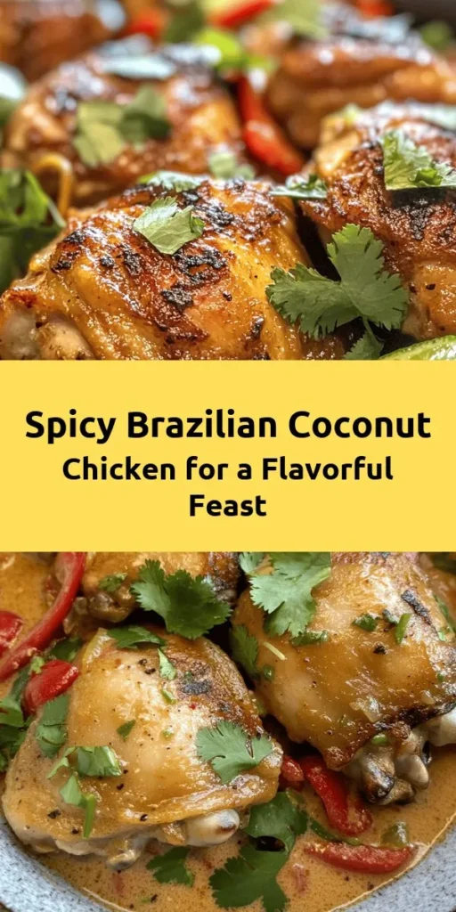 Indulge in the rich flavors of Spicy Brazilian Coconut Chicken! This dish features tender, marinated chicken thighs simmered in a luscious coconut milk sauce with vibrant onion, red bell pepper, and a kick of fresh Thai chilies. Perfect for a comforting weeknight dinner or a special gathering, serve it with lime wedges and a sprinkle of fresh cilantro. Enjoy it with rice or quinoa for a complete meal that’s sure to impress!