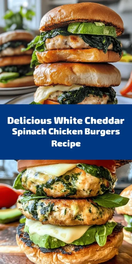 Elevate your burger nights with these delicious White Cheddar and Spinach Chicken Burgers! Packed with ground chicken, fresh spinach, and creamy white cheddar, these patties are bursting with flavor. They're quick to prepare and cook in just 30 minutes, making them a perfect weeknight meal. Top your burgers with fresh lettuce, tomato, and avocado for a complete, nutritious bite. Give them a try and enjoy a tasty twist on a classic favorite!