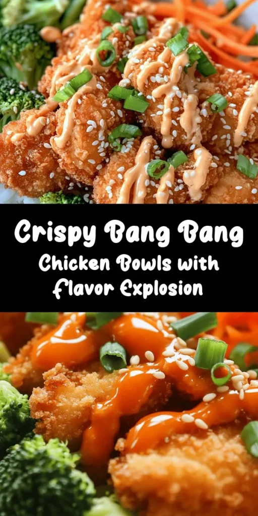 Get ready to spice up your dinner with these delicious Bang Bang Chicken Bowls! Juicy, crispy chicken thighs are coated in a flavorful blend and fried to perfection, then combined with fluffy rice, steamed broccoli, and shredded carrots. Drizzle on the irresistibly creamy Bang Bang sauce for an extra kick of flavor. This meal is not only satisfying but also visually stunning, making it perfect for any occasion. Save this recipe for a fun family dinner!