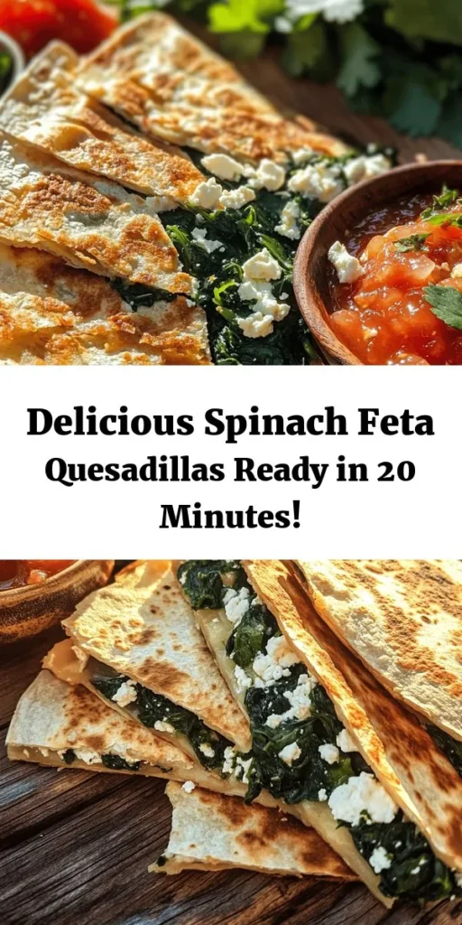 Try these delicious spinach and feta quesadillas for a quick and healthy meal! With fresh spinach, creamy feta, and gooey mozzarella, they pack a flavorful punch in every bite. Ready in just 20 minutes, they're perfect for a weeknight dinner or a tasty snack. Simply sauté the spinach with garlic, mix with cheeses, and grill in flour tortillas until golden brown. Serve with salsa or sour cream for an irresistible treat your family will love!
