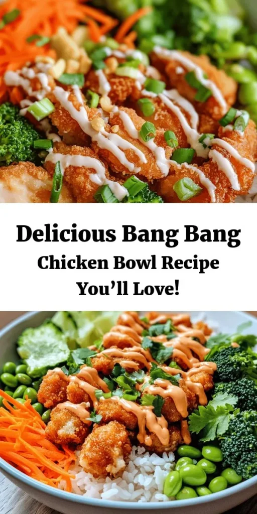 Elevate your dinner with this mouthwatering Bang Bang Chicken Bowl! Featuring tender chicken coated in a flavorful mix of spices, served over fluffy jasmine rice and vibrant veggies like steamed broccoli, shredded carrots, and edamame. The star is the creamy and spicy Bang Bang sauce that ties it all together. Perfect for a quick weeknight meal, this recipe is easy to customize to your taste. Enjoy a delicious bowl of goodness that packs a punch!