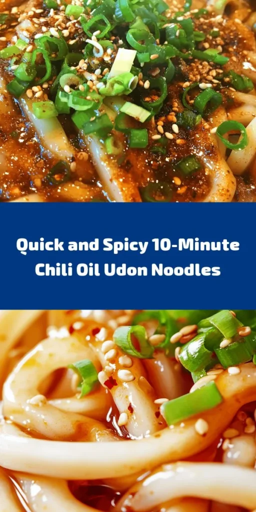 Whip up a flavorful meal in just 10 minutes with these spicy chili oil udon noodles! Perfect for a quick lunch or dinner, this recipe combines fresh udon noodles with a zesty sauce of chili oil, soy sauce, garlic, and ginger. Top it off with green onions and toasted sesame seeds for added crunch. Feel free to customize with sautéed veggies, a boiled egg, or fried tofu. Quick, delicious, and satisfying! Ideal for busy weeknights.