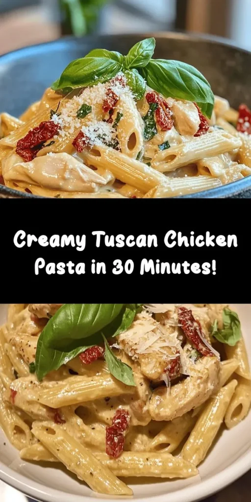 Indulge in the comforting flavors of Tuscan Chicken Pasta! This creamy dish features tender chicken thighs, sun-dried tomatoes, and fresh spinach, all tossed in a rich garlic-infused sauce. Perfect for a cozy dinner, it’s easy to make in just 30 minutes. With penne pasta coated in a luscious blend of heavy cream and Parmesan, this recipe will quickly become a family favorite. Don't forget to garnish with fresh basil for an extra pop of flavor!