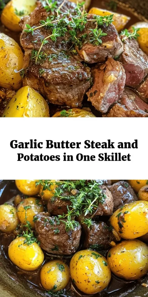 Indulge in this mouthwatering Garlic Butter Steak and Potatoes Skillet! This one-pan meal features tender sirloin steak cubes seared to perfection, paired with crispy baby potatoes infused with aromatic garlic, rosemary, and thyme. Ready in just 45 minutes, it’s perfect for weeknight dinners or impressing guests. Don’t forget to garnish with fresh parsley for that extra touch! Get ready to savor every bite of this delicious blend of flavors!