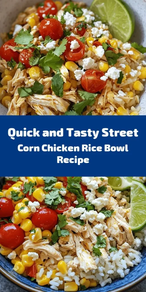 Savor the flavors of summer with this Easy Street Corn Chicken Rice Bowl! This quick and colorful dish features a base of fluffy rice topped with tender chicken, sweet corn, juicy cherry tomatoes, and a sprinkle of fresh cilantro and feta cheese. Drizzled with lime juice and olive oil, it’s a refreshing meal that comes together in just 20 minutes. Perfect for busy weeknights or a vibrant lunch, enjoy it with a splash of hot sauce for an extra zing!