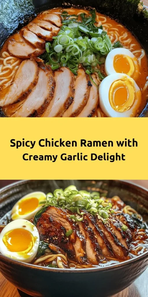 Spice up your dinner with this delicious Fiery Chicken Ramen topped with a creamy garlic sauce! Perfect for cozy nights, this dish features marinated chicken breasts, tender ramen noodles, and a mix of shiitake mushrooms and baby spinach. The optional soft-boiled eggs add a rich touch, while the homemade creamy garlic sauce brings everything together. Easy to prepare in just about an hour, it's a flavorful bowl of warmth you won't want to miss!