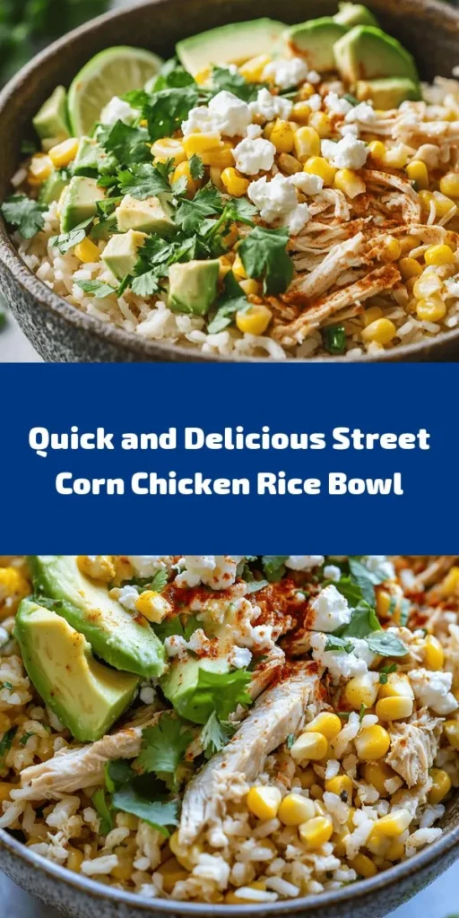 Discover the flavors of this Easy Street Corn Chicken Rice Bowl! Perfect for a quick meal, this dish combines fluffy rice, tender shredded chicken, sweet corn, creamy avocado, and tangy feta cheese for a delicious experience. Ready in just 10 minutes, it's seasoned with lime juice and chili powder for a zesty finish. Whether served warm or at room temperature, this bowl is great for lunch or dinner. Garnish with fresh cilantro for an extra touch!