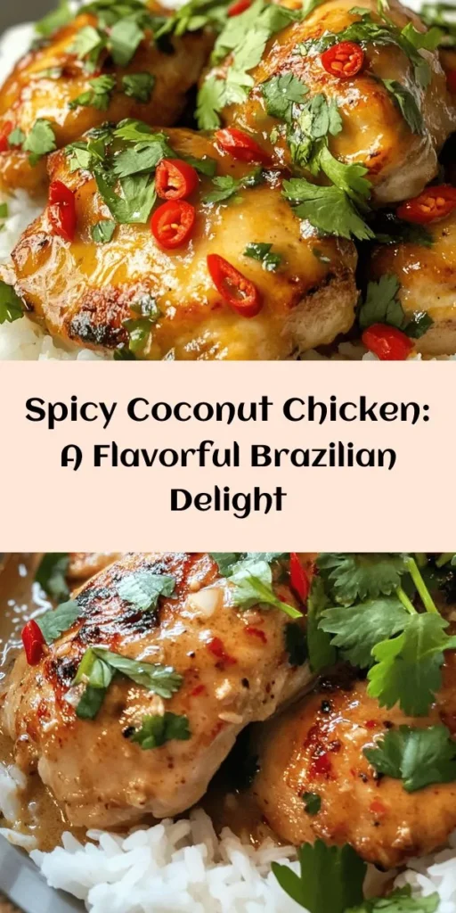 Discover the bold flavors of Spicy Brazilian Coconut Chicken! This easy recipe features tender chicken thighs marinated in a zesty blend of lime, soy sauce, and spices, then simmered in creamy coconut milk. Perfectly paired with rice and garnished with fresh cilantro, it's a delightful dish for any day of the week. Whether you're looking to impress guests or enjoy a cozy night at home, this dish will bring the taste of Brazil right to your table. Perfect for spice lovers!