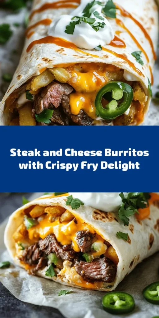 Get ready to indulge in these delicious Steak & Cheese Dirty Fry Burritos! Packed with marinated flank steak, crispy French fries, and melted cheddar and mozzarella cheese, these burritos are a flavor explosion in every bite. Perfect for lunch or dinner, just roll up the tasty filling in a tortilla, fry them for a crispy finish, and serve with sour cream and fresh cilantro. A sprinkle of hot sauce adds the perfect kick. Enjoy this satisfying meal with friends or family!