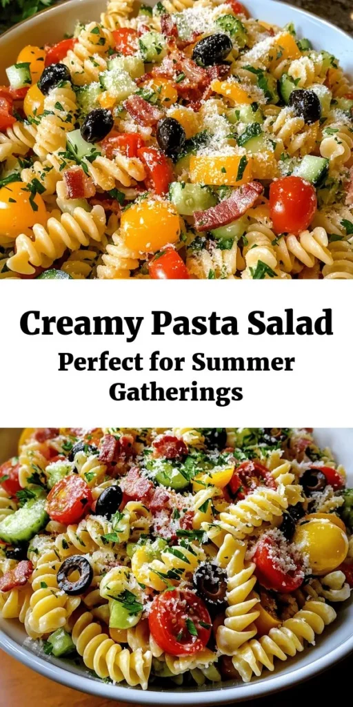 Add a burst of flavor to your gatherings with this Creamy Pasta Salad Delight! Perfect for potlucks, picnics, and barbecues, this colorful dish features rotini pasta tossed with fresh veggies like cherry tomatoes, cucumber, and bell peppers, all enveloped in a rich and creamy dressing made from mayonnaise and Greek yogurt. Optional crispy bacon and Parmesan cheese bring it to the next level. Chill, serve, and enjoy this crowd-pleaser!