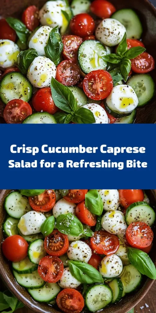 Looking for a crisp and refreshing salad? Try this delightful Cucumber Caprese Salad! With just 15 minutes of prep time, enjoy the perfect blend of fresh cucumbers, juicy cherry tomatoes, creamy mozzarella, and aromatic basil. Dress it with a simple olive oil and balsamic vinegar mix, and you've got a vibrant dish that's bursting with flavor. Ideal for a summer gathering or a light lunch. Serve it fresh or chill for enhanced taste! Enjoy!