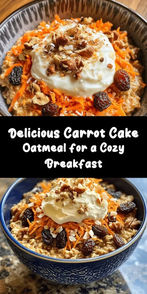 Indulge in a warm bowl of Carrot Cake Oatmeal that combines the best of breakfast and dessert! This easy recipe features rolled oats cooked in creamy almond milk, enriched with grated carrots, raisins, and spices like cinnamon and ginger. Sweetened with maple syrup and topped with cream cheese frosting and crunchy walnuts, it's a delightful treat to start your day. Ready in just 15 minutes, this cozy dish will satisfy your cravings for something sweet and wholesome. Enjoy every bite!