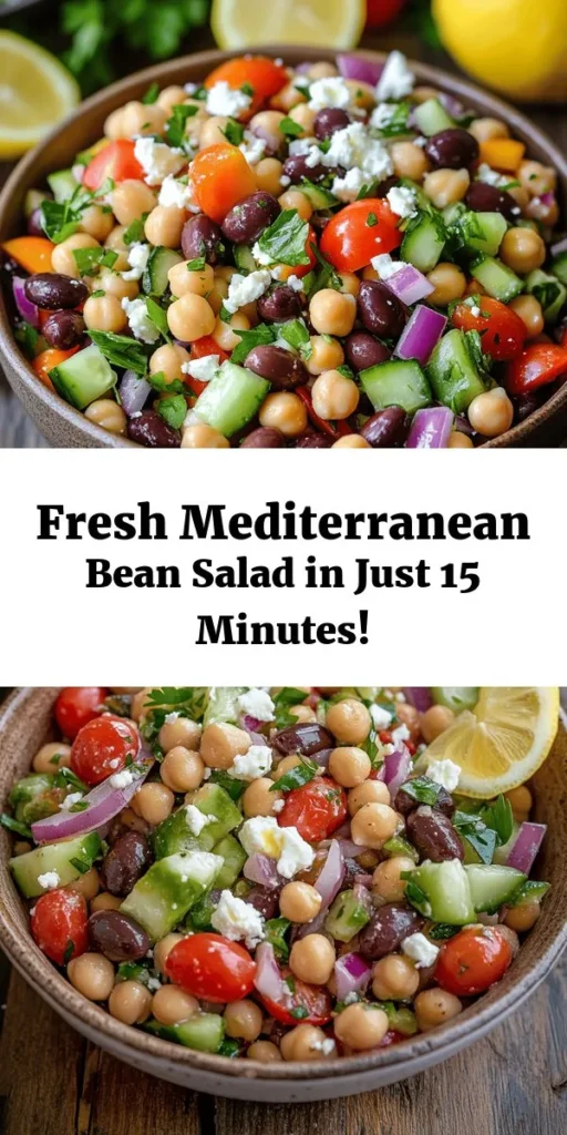 Discover the vibrant flavors of the Mediterranean with this easy and healthy Mediterranean Bean Salad! Packed with chickpeas, black beans, fresh veggies, and a zesty dressing, it's perfect for a light lunch or a tasty side dish. Optional feta cheese adds a creamy touch, while lemon wedges provide a refreshing kick. With just 15 minutes of prep, this colorful salad is a great way to enjoy nutritious ingredients that will delight your taste buds!