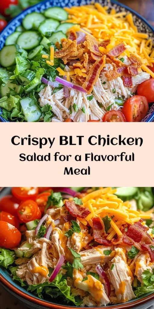 Looking for a fresh and delicious way to enjoy your favorite flavors? Try this Crispy BLT Chicken Salad! Packed with tender shredded chicken, crispy bacon, and vibrant veggies like Romaine lettuce, cherry tomatoes, and cucumber, it's a hearty dish that's ready in just 15 minutes. Tossed in a creamy dressing with cheddar cheese for extra flavor, this salad is perfect for lunch or dinner. Easy to make and bursting with taste, it’s a must-try!