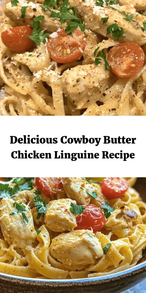 Whip up this Easy Cowboy Butter Chicken Linguine for a delicious dinner that comes together in just 30 minutes! With tender chicken and a rich butter garlic sauce, this pasta dish is bursting with flavor thanks to smoked paprika, fresh cherry tomatoes, and a hint of lemon zest. Perfect for busy weeknights, it's sure to become a family favorite. Garnish with grated Parmesan and fresh parsley for a flavorful finish! Enjoy!