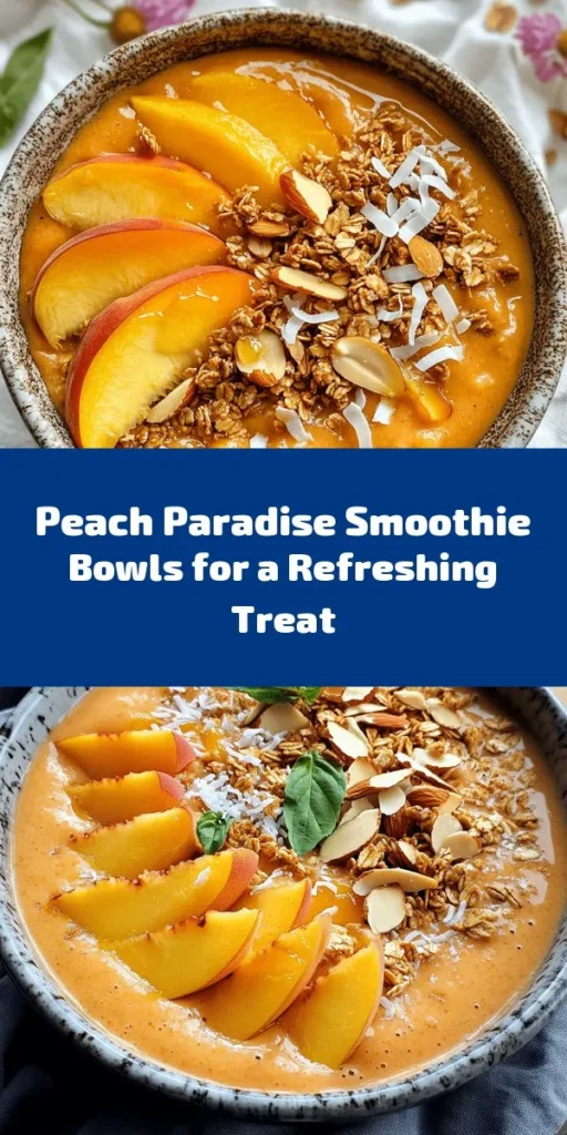Dive into a refreshing Peach Paradise Smoothie Bowl that bursts with summer flavors! This easy recipe blends ripe peaches, a banana, almond milk, and optional Greek yogurt for a creamy base. Customize it with delicious toppings like fresh peach slices, granola, shredded coconut, and almonds. Perfect for breakfast or a healthy snack, this bowl is packed with nutrients and ready in just 10 minutes. Enjoy a taste of paradise any time of day!
