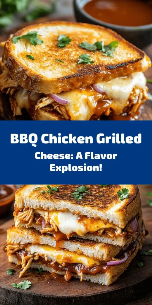 Satisfy your cravings with this mouthwatering BBQ Chicken Grilled Cheese! This delicious twist on a classic combines shredded BBQ chicken, gooey mozzarella, and sharp cheddar, all nestled between crispy sourdough bread. Perfectly golden and melty, it's a quick and easy meal that's sure to impress. Add a sprinkle of red onion and fresh herbs for a burst of flavor. Serve it warm with extra BBQ sauce for dipping—your taste buds will thank you!
