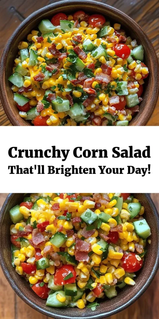 Looking for a refreshing and crunchy salad that's sure to impress? Try this Crunchy Crack Corn Salad Surprise! Bursting with fresh corn, juicy cherry tomatoes, crisp cucumbers, and smoky bacon, this vibrant dish is topped with a creamy dressing made from mayonnaise and Greek yogurt. Perfect for barbecues or picnics, it can be spiced up with jalapeños for an extra kick. Chill before serving for a deliciously cool treat your guests will love!