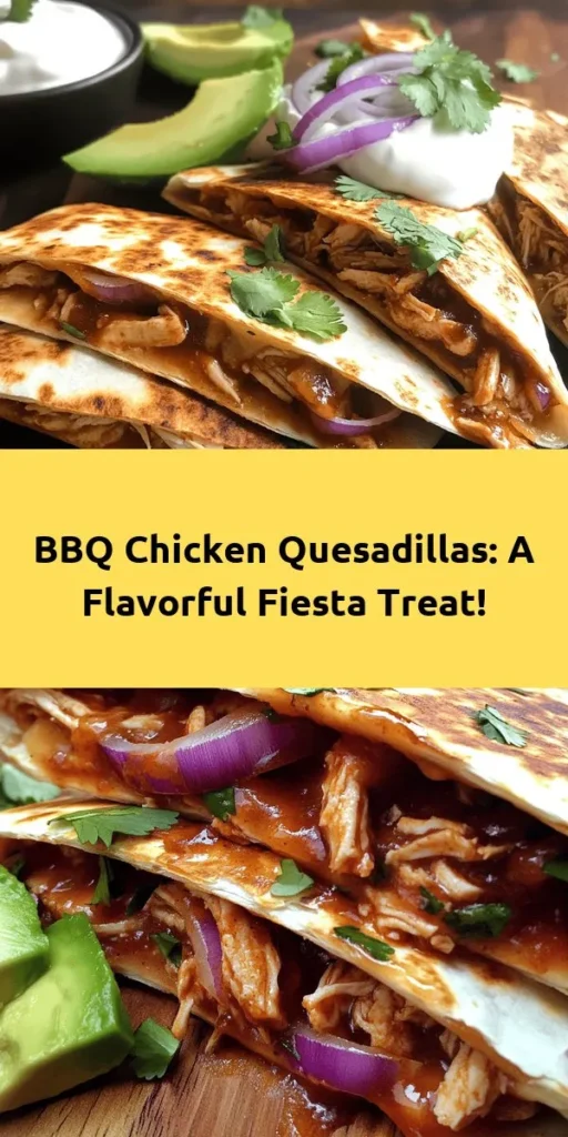 Get ready for a flavor-packed BBQ Chicken Quesadilla Fiesta! This easy recipe combines tender shredded chicken mixed with your favorite BBQ sauce, ooey-gooey cheese, and colorful veggies all tucked between crispy tortillas. Perfect for a quick lunch or a crowd-pleasing dinner, serve these quesadillas with fresh cilantro, sour cream, and avocado for an extra touch. Ready in just 30 minutes, it's a delightful twist on a classic favorite!