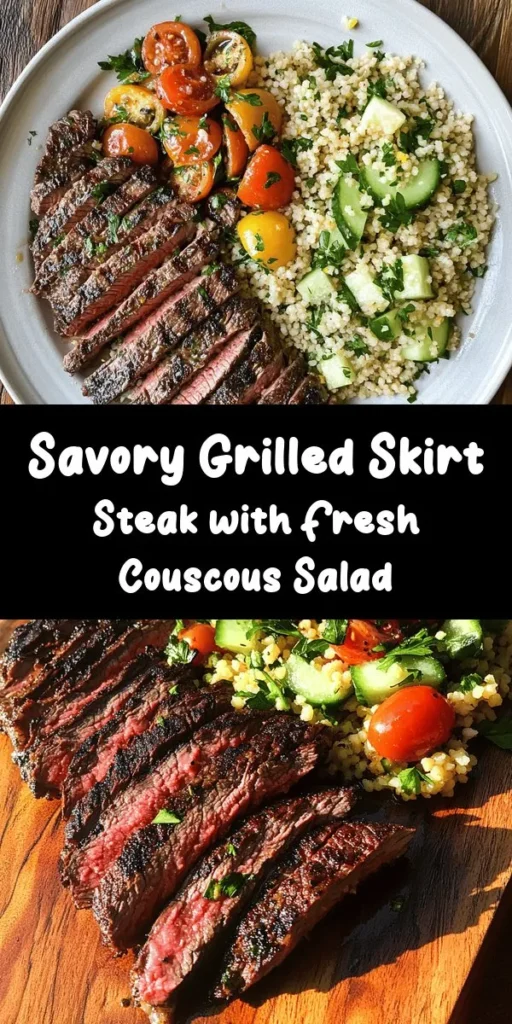 Discover a burst of flavor with this Grilled Skirt Steak paired with a refreshing Lemon Herb Couscous Salad. This recipe features perfectly marinated skirt steak grilled to juicy perfection, complemented by a vibrant salad made with fluffy couscous, cherry tomatoes, cucumber, and a zesty lemon dressing. Perfect for summer barbecues or a weeknight dinner, this dish is quick to prepare and sure to impress your family and friends. Enjoy every bite!
