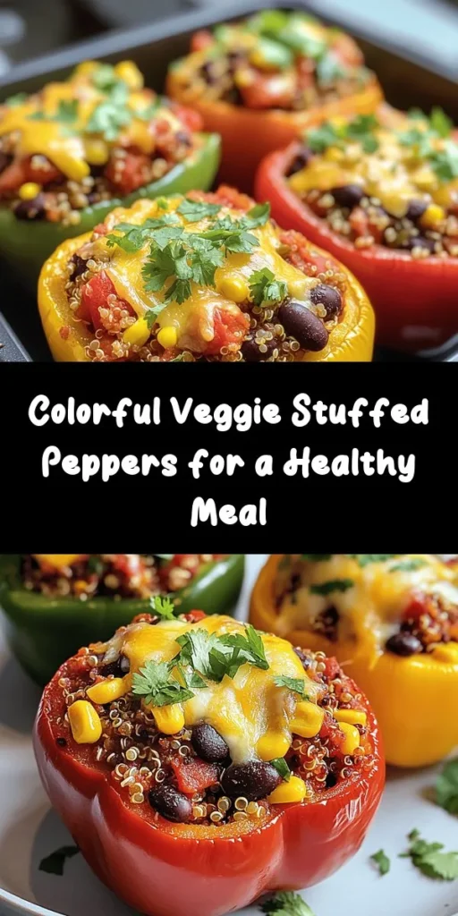 Looking for a healthy and colorful meal? Try these vibrant veggie stuffed bell peppers! Packed with protein from black beans and quinoa or rice, plus lots of fresh flavors from corn and tomatoes, they’re a nutritious option for any day. Easy to make and customizable with your favorite spices and cheese, these peppers are perfect for a weeknight dinner or meal prep. Top them with fresh cilantro for an extra burst of flavor!