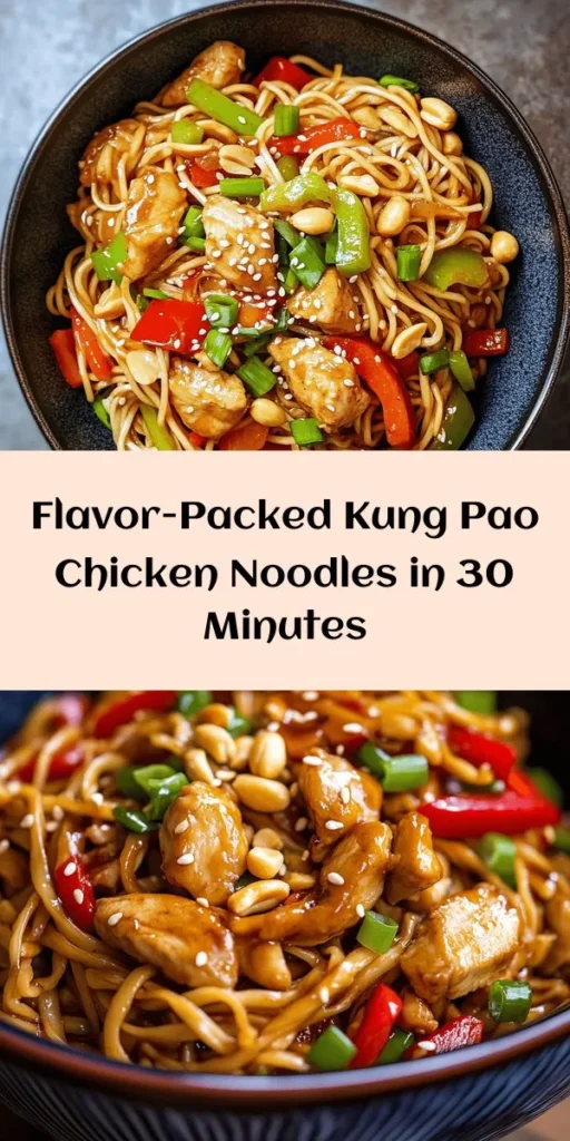 Get ready to spice up your dinner with this easy Kung Pao Chicken Noodles recipe! This delicious dish features tender egg noodles tossed with marinated chicken, colorful bell peppers, and crunchy peanuts, all brought together with a zesty sauce. Perfect for a weeknight meal, it takes just 30 minutes to prepare and serves 4. Enjoy an explosion of flavors in every bite! Don't forget to garnish with green onions and sesame seeds for that extra crunch!