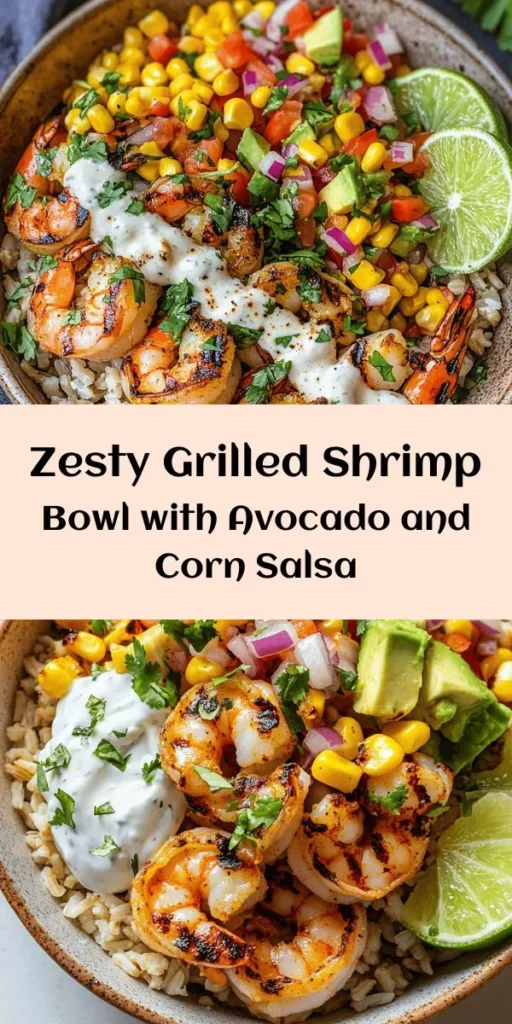 Discover the bright flavors of this Grilled Shrimp Bowl with Avocado, Corn Salsa, and Creamy Garlic Sauce. Perfect for a healthy meal, this dish features marinated shrimp grilled to perfection, paired with fresh corn salsa, creamy garlic sauce, and your choice of brown rice or quinoa. It's an easy-to-make recipe that’s ready in under an hour, perfect for weeknight dinners or impressing guests. Enjoy vibrant tastes and nutritious ingredients in every bite!
