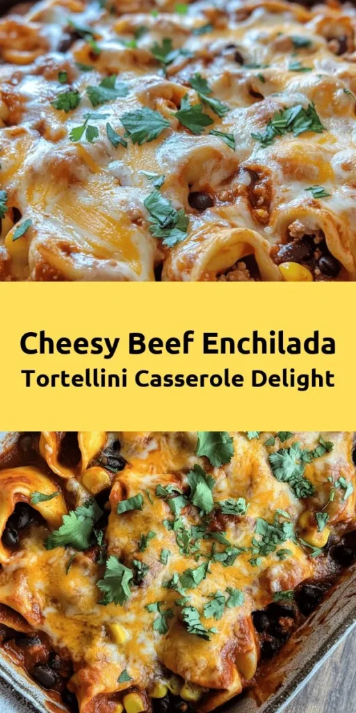 Looking for a delicious twist on classic comfort food? This Cheesy Beef Enchilada Tortellini combines creamy cheese-filled tortellini with seasoned ground beef, black beans, and corn, all smothered in zesty enchilada sauce. Topped with gooey cheddar cheese and baked to perfection, this one-dish meal is a family favorite! Ready in just 45 minutes, serve it up with a dollop of sour cream and fresh cilantro for a tasty finish. Enjoy the delightful flavors in every bite!