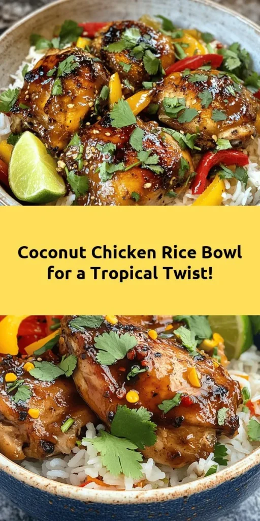 Indulge in a delicious Coconut Chicken Rice Bowl that's bursting with flavor! This easy recipe features tender marinated chicken thighs cooked in a savory coconut and chicken broth, served over fluffy jasmine rice. With zesty lime, fresh cilantro, and colorful peppers as garnishes, this dish is as visually appealing as it is tasty. Perfect for a cozy dinner, this bowl is sure to become a family favorite. Try it out today for a delightful meal!