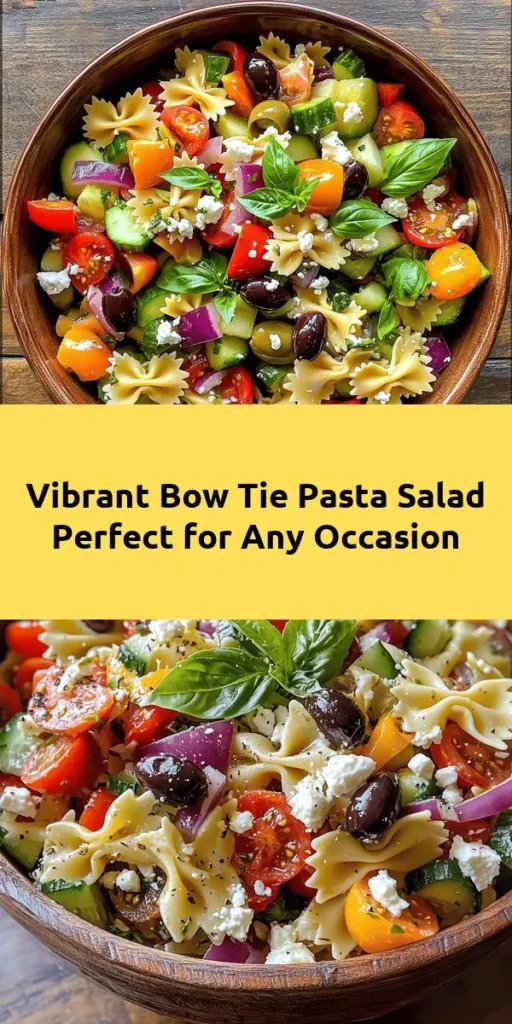 Brighten up your meal with this Colorful Bow Tie Pasta Salad! Bursting with fresh ingredients like cherry tomatoes, cucumbers, and feta cheese, this vibrant dish is perfect for gatherings or a refreshing lunch. Simply cook the pasta, mix in your favorite veggies, and whip up a quick dressing. With just 50 minutes total prep time, you’ll have a delicious, eye-catching salad ready to chill and serve. Enjoy the taste of summer all year round!