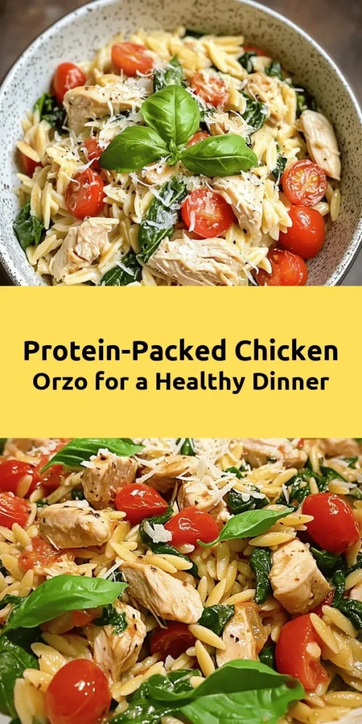 Elevate your dinner with this high protein chicken orzo recipe! Packed with diced chicken breast, tender orzo pasta, fresh spinach, and cherry tomatoes, this dish is as nutritious as it is delicious. The addition of Greek yogurt and Parmesan cheese creates a creamy texture that’s sure to impress. Ready in just 30 minutes, it’s perfect for busy weeknights. Garnish with fresh basil for a pop of flavor! 🍗🍝 #healthyrecipes #dinnerideas