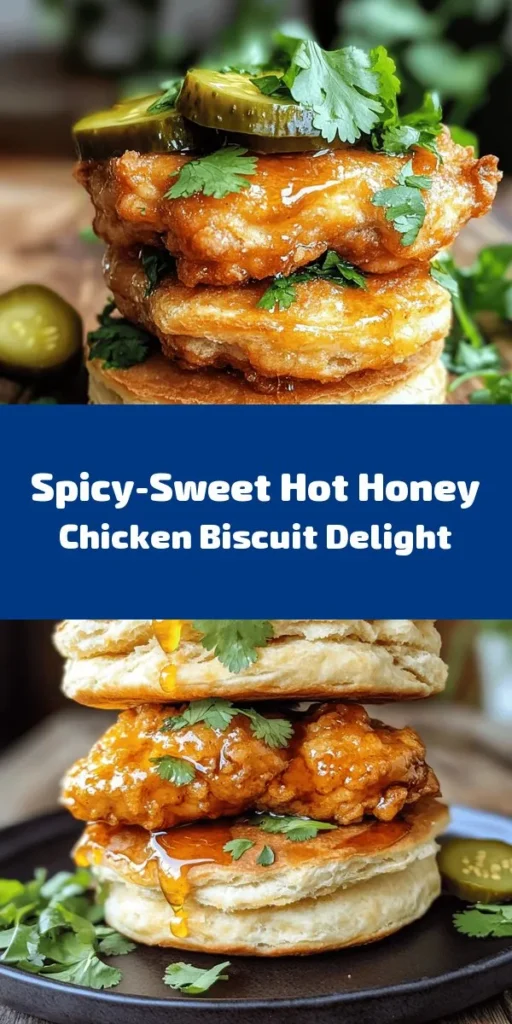 Indulge in the perfect blend of spicy and sweet with these Spicy-Sweet Hot Honey Chicken Biscuits! Fluffy homemade biscuits stuffed with seasoned chicken tenders drenched in hot honey create a mouthwatering experience. This easy recipe takes just 30 minutes from start to finish, making it a delicious option for any meal. Garnish with fresh herbs or pickles for a zesty kick. Perfect for brunch or dinner, this dish is sure to impress!
