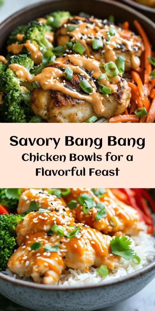 Whip up a delicious Bang Bang Chicken Bowl in just 30 minutes! This flavorful dish features perfectly cooked chicken thighs coated in spices, sautéed broccoli, carrots, and bell peppers, all sitting on a bed of fluffy jasmine rice. Drizzle with a creamy, spicy Bang Bang sauce made from mayonnaise and sweet chili sauce for an irresistible finishing touch. Garnish with green onions, sesame seeds, and fresh cilantro for an extra burst of flavor. Perfect for a weeknight dinner!