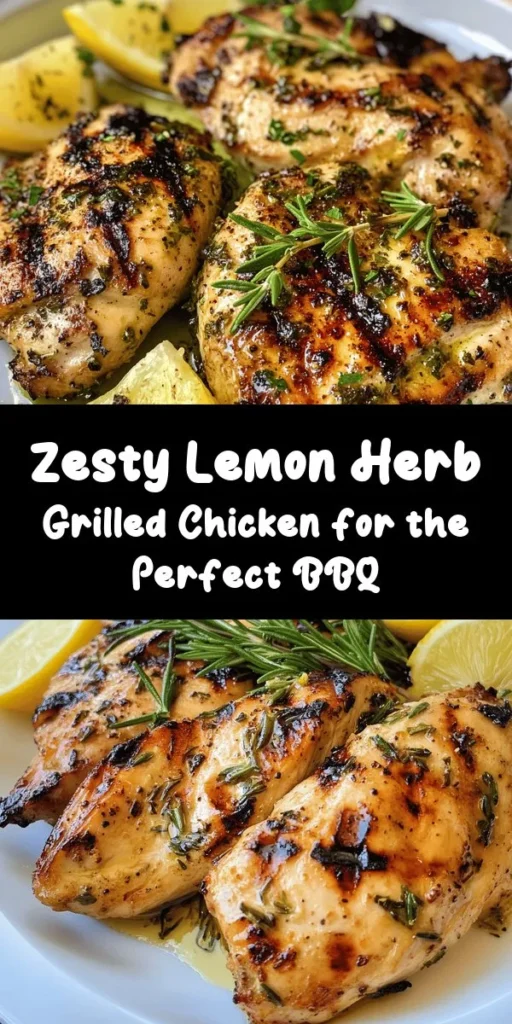 Discover the perfect summertime meal with this Zesty Lemon Herb Grilled Chicken recipe! Marinated in a vibrant mix of fresh lemon juice, aromatic herbs, and garlic, this grilled dish bursts with flavor. It's easy to prepare and ideal for a healthy dinner or a weekend BBQ. Serve with lemon wedges and fresh herbs for a delightful presentation. Ready in just 40 minutes, this chicken is sure to impress family and friends alike!