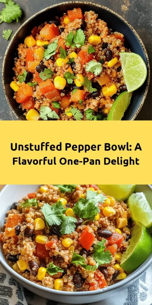 Transform your dinner routine with this flavorful Unstuffed Pepper Bowl Extravaganza! Packed with colorful bell peppers, lean ground turkey or beef, hearty quinoa or brown rice, and a medley of black beans, corn, and spices, this dish is not only savory but also healthy and satisfying. Ready in just 35 minutes, it's perfect for meal prep or a quick weeknight dinner. Top with cheese and garnish with fresh herbs and lime for a delightful finish!
