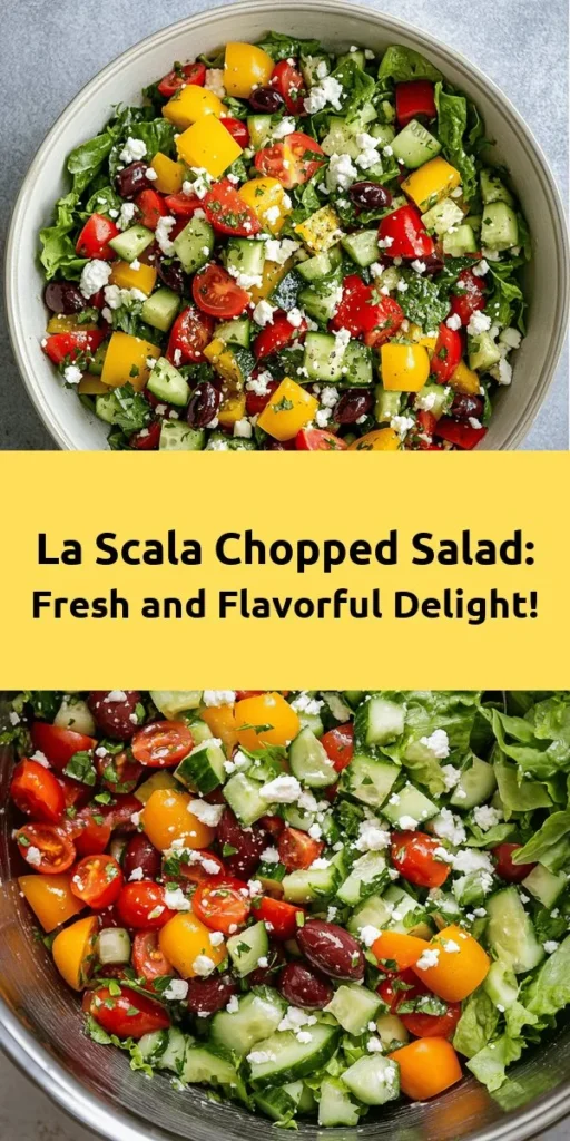 Discover the vibrant flavors of the famous La Scala Chopped Salad! This refreshing dish is packed with crunchy Romaine lettuce, juicy cherry tomatoes, diced cucumbers, sweet bell peppers, and tangy Kalamata olives. Toss in crumbled feta cheese and fresh herbs for an aromatic twist. Drizzled with a zesty olive oil and red wine vinegar dressing, this salad is perfect for a light lunch or a side dish at dinner. Quick to prepare in just 15 minutes, it serves 4-6. Enjoy!