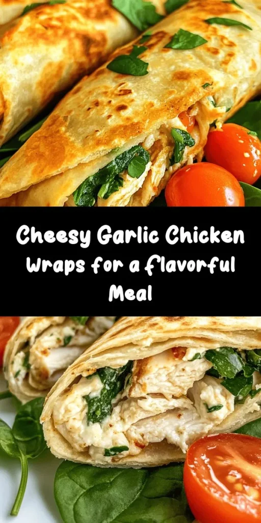 Indulge in these cheesy garlic chicken wraps that are perfect for a quick meal or snack! With flavorful shredded chicken, mozzarella, and cream cheese mixed with garlic and herbs, every bite is a delight. Fresh spinach and cherry tomatoes add a burst of freshness. Easy to make in just 25 minutes, these wraps are golden and crispy on the outside and melty on the inside. Serve them with your favorite dipping sauce for an irresistible treat!