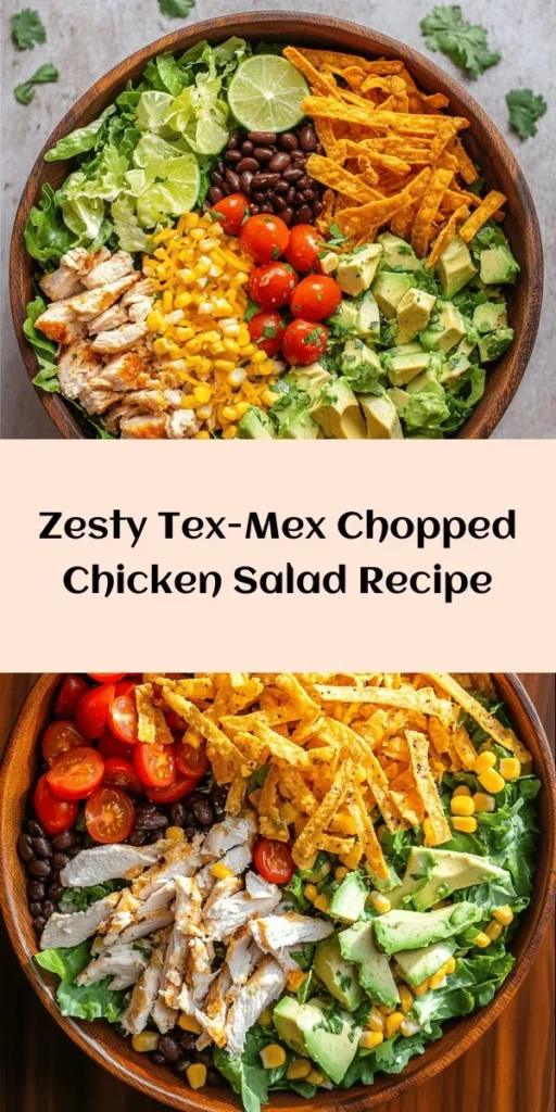 Get ready to enjoy a burst of flavor with this Tex-Mex Chopped Chicken Salad! Packed with protein from tender chicken and fiber from black beans and corn, it's a colorful mix of fresh veggies like cherry tomatoes, avocado, and bell peppers. Tossed in a zesty lime dressing, this salad is perfect for a quick lunch or light dinner. Top with shredded cheese and crunchy tortilla strips for the ultimate texture. Fresh, vibrant, and ready in just 15 minutes!