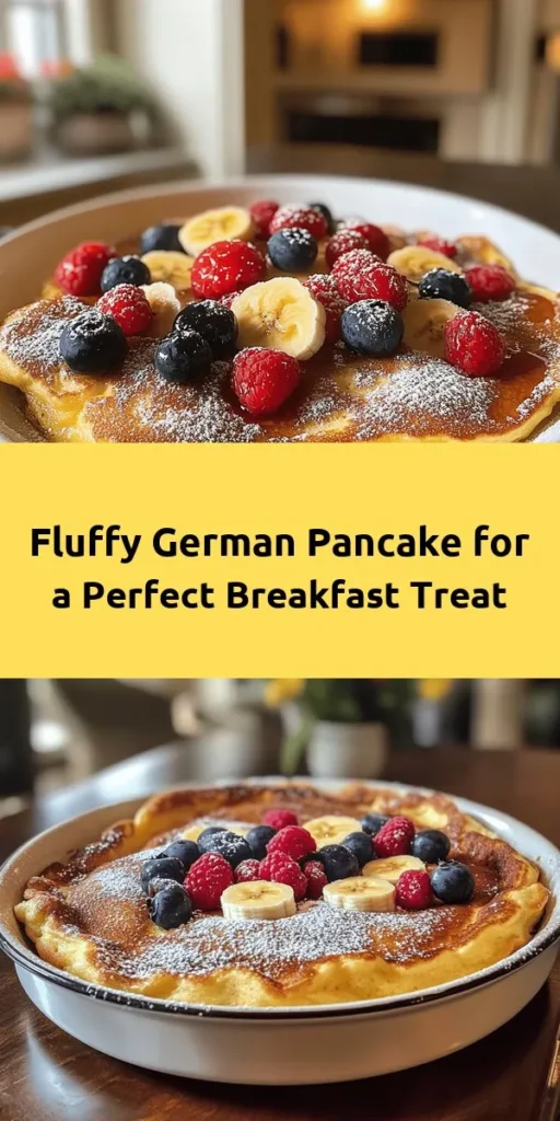 Indulge in this Fluffy Baked German Pancake, a delightful twist on your breakfast routine! Made with simple ingredients like flour, milk, and eggs, this pancake puffs beautifully in the oven for a golden brown finish. Top it off with a dusting of powdered sugar, fresh fruits, and a drizzle of maple syrup for a deliciously satisfying meal. Perfect for brunch or a cozy family breakfast. Quick prep, impressive results! Enjoy every fluffy bite!