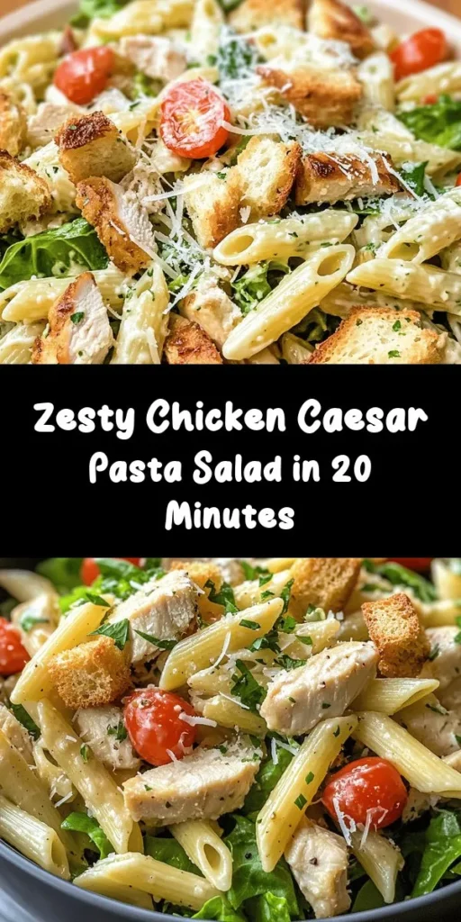 Looking for a quick and tasty meal? Try this Quick & Zesty Chicken Caesar Pasta Salad! With tender penne pasta, diced chicken, fresh romaine, and juicy cherry tomatoes, this dish is packed with flavor. Toss everything in a creamy Caesar dressing and top with Parmesan and croutons for extra crunch. Perfect for lunch or dinner, it's ready in just 20 minutes! Enjoy a delicious balance of textures and tastes with every bite.