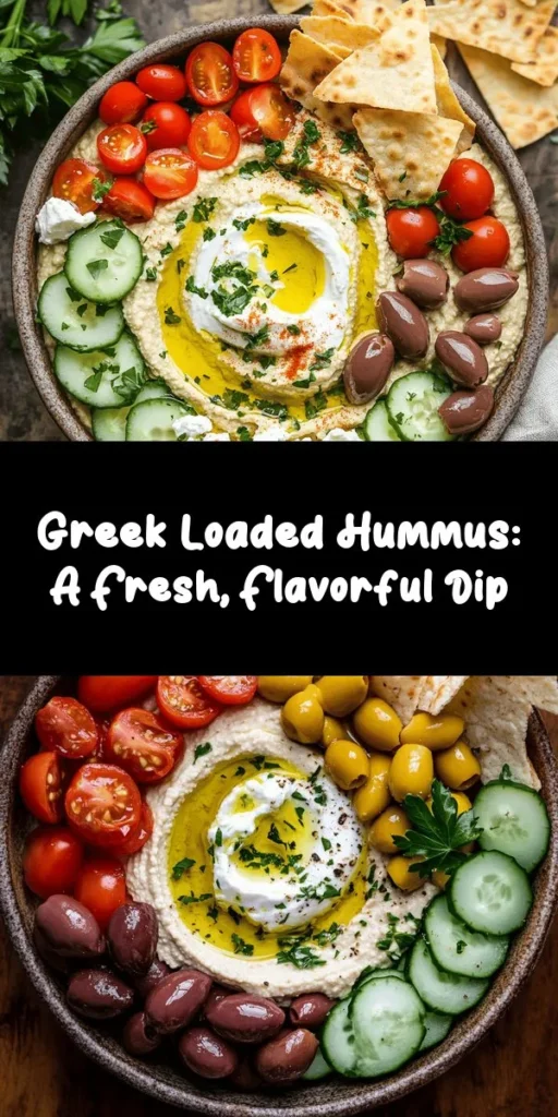Elevate your snack game with this Greek Style Loaded Hummus! This creamy, flavorful dip is made with chickpeas, tahini, and a burst of fresh ingredients like cherry tomatoes, cucumber, Kalamata olives, and feta cheese. Perfect as a quick appetizer or a healthy snack, this recipe is easy to prepare in just 10 minutes. Serve with pita chips or fresh pita for a delightful treat that everyone will love!