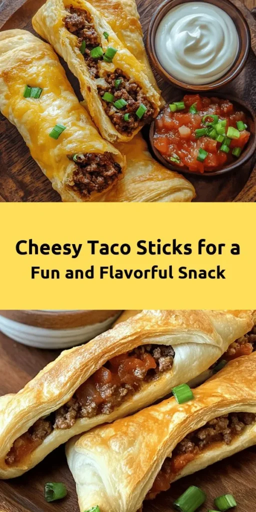 Get ready for a cheesy, taco-inspired treat with these Cheesy Taco Sticks! Packed with ground beef, two types of cheese, and zesty taco seasoning, they’re rolled in flaky crescent dough for a delightful crunch. Perfect for game nights or quick appetizers, these easy-to-make sticks are baked to golden perfection and served with your favorite dips. Enjoy the ultimate flavor experience in every bite! Ready in just 30 minutes for 4 servings!