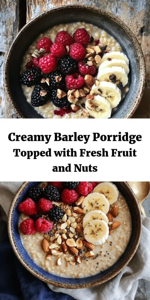 Cozy up with this warm and creamy barley porridge that's perfect for breakfast or a snack! Made with pearl barley, almond milk, and a touch of maple syrup, it’s not only delicious but also nutritious. Top it with fresh fruits, nuts, or seeds for a delightful crunch. Easy to prepare in just under an hour, this comforting dish serves 4 and can be customized to your liking. Enjoy a hearty start to your day with this wholesome recipe!