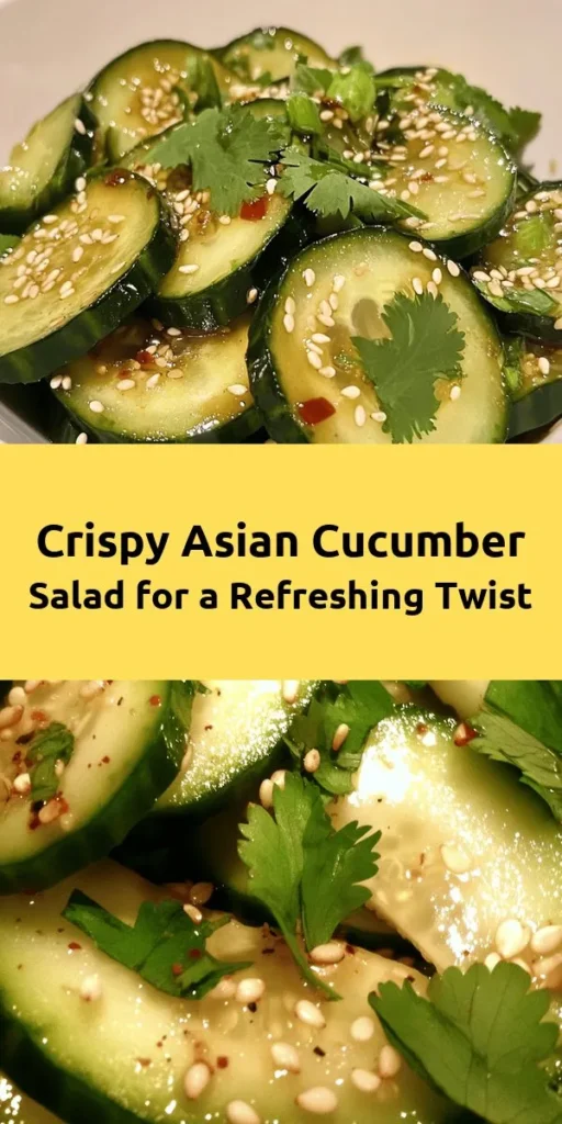 Dive into the refreshing crunch of this Crispy Asian Cucumber Salad! Perfect as a side dish or light appetizer, this salad combines the crispness of English cucumbers with a flavorful dressing made from rice vinegar, soy sauce, sesame oil, and fresh ginger. Toss in sesame seeds and green onions for added texture, and let it sit to meld the flavors. Quick to make and packed with vibrant tastes, it’s a must-try for any meal!