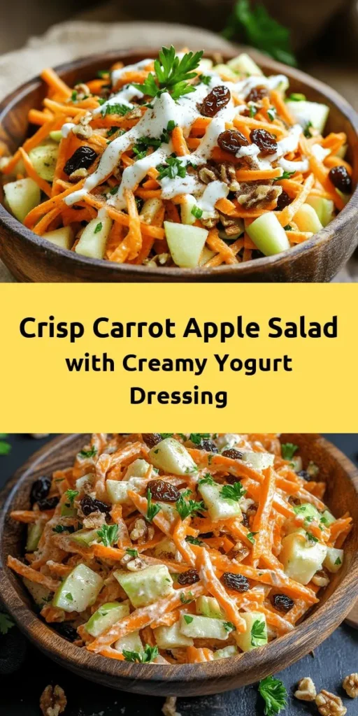 Looking for a fresh and crunchy side dish? Try this delightful Crunchy Carrot Apple Salad! This vibrant salad combines grated carrots and diced green apple with chewy raisins and crunchy walnuts, all dressed in a creamy Greek yogurt and honey dressing with a hint of cinnamon. It's not only simple to prepare in just 15 minutes but also perfect for adding a burst of flavor to any meal. Enjoy it right away or let it chill in the fridge for extra flavor!
