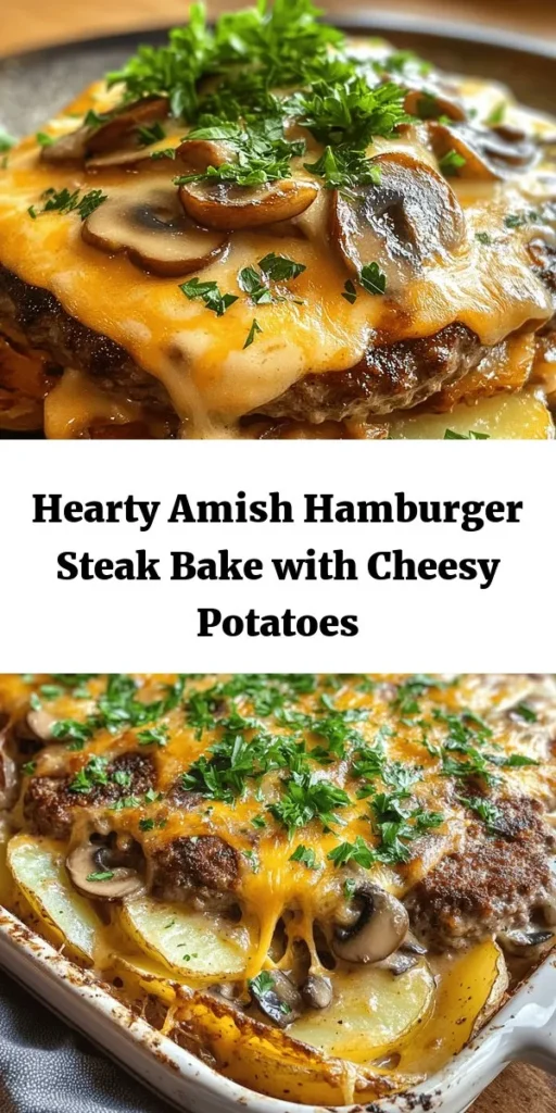 Savor the comforting flavors of Amish Hamburger Steak Bake! This hearty dish features juicy beef patties layered over tender potatoes and smothered in a creamy mushroom sauce, all topped with melted cheddar cheese. Perfect for a family dinner, this easy recipe takes just 20 minutes of prep and is ready in under 1.5 hours. With simple ingredients and delicious results, it's sure to become a new favorite. Don't forget to garnish with fresh parsley for that extra touch!